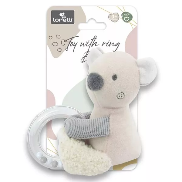 Jucarie de plus, Ursulet beige, 11 cm, cu inel si bilute zornaitoare, 0 luni+ 2