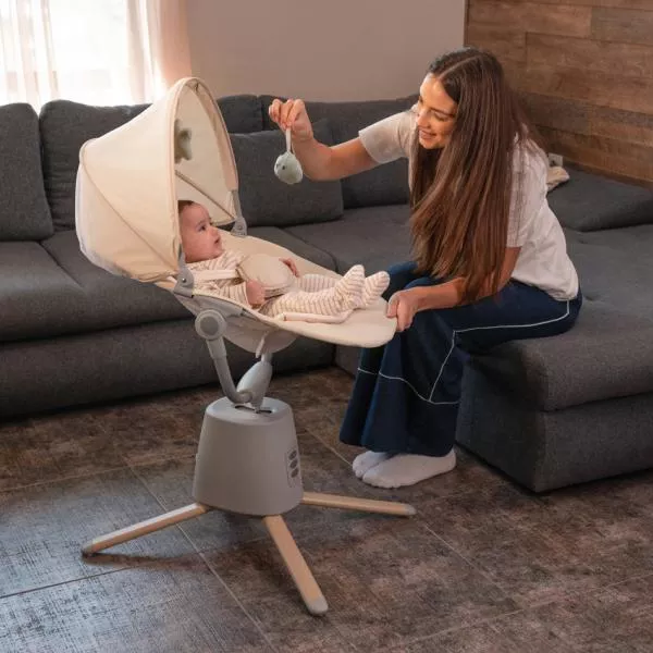 Leagan electric pentru bebelusi, Storky, Bluetooth, telecomanda, 5 viteze de leganare, potrivit 0-6 luni, Beige 8