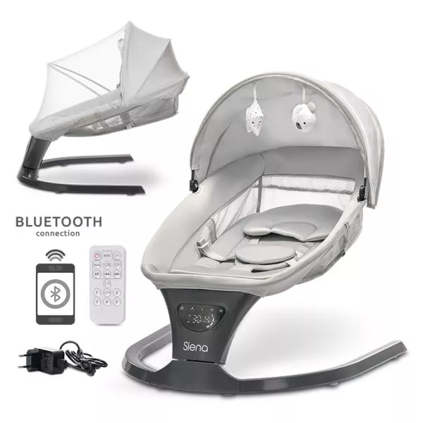 Leagan electric, Siena, potrivit 0-12 luni, 5 viteze de leganare, senzor inteligent de miscare, telecomanda, panou muzical, Light Grey 1