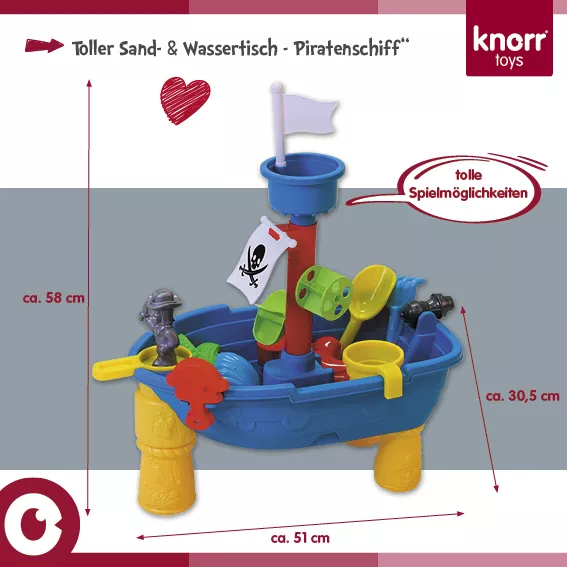 Masuta pliabila Vapor de joaca cu nisip si apa pentru copii, Knorr Toys, include lopatica, multiple forme pentru nisip, 2 cadite pentru apa, 51x31,5x58 cm, 3 ani+, Corabia Piratilor 10