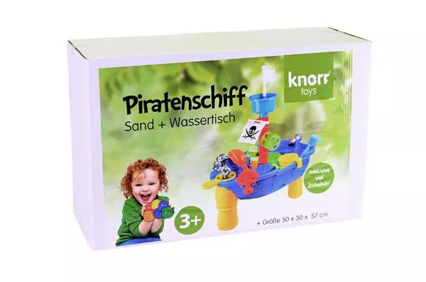 Masuta pliabila Vapor de joaca cu nisip si apa pentru copii, Knorr Toys, include lopatica, multiple forme pentru nisip, 2 cadite pentru apa, 51x31,5x58 cm, 3 ani+, Corabia Piratilor 11
