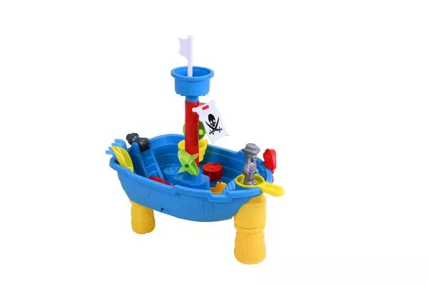 Masuta pliabila Vapor de joaca cu nisip si apa pentru copii, Knorr Toys, include lopatica, multiple forme pentru nisip, 2 cadite pentru apa, 51x31,5x58 cm, 3 ani+, Corabia Piratilor 4