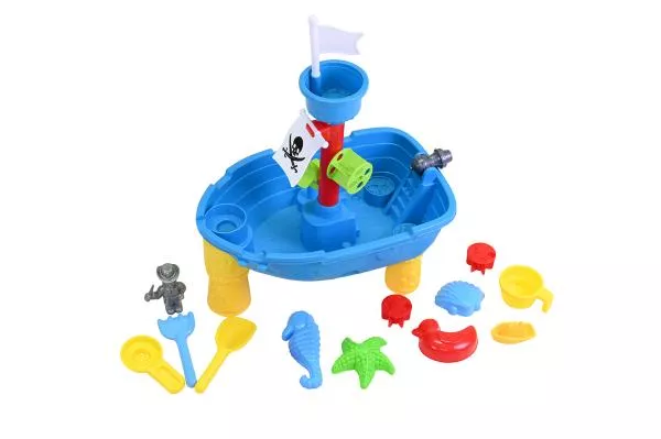 Masuta pliabila Vapor de joaca cu nisip si apa pentru copii, Knorr Toys, include lopatica, multiple forme pentru nisip, 2 cadite pentru apa, 51x31,5x58 cm, 3 ani+, Corabia Piratilor 3