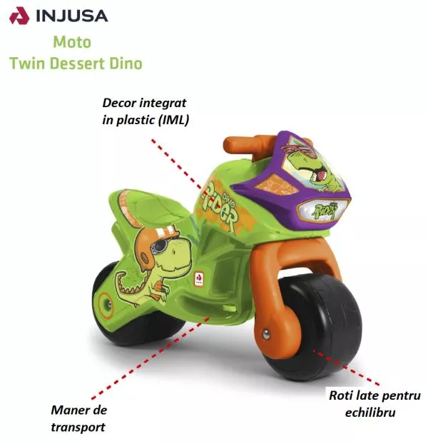 Motocicleta pentru copii, Injusa, Twin Dino, roti late din plastic, 18 luni+ 6