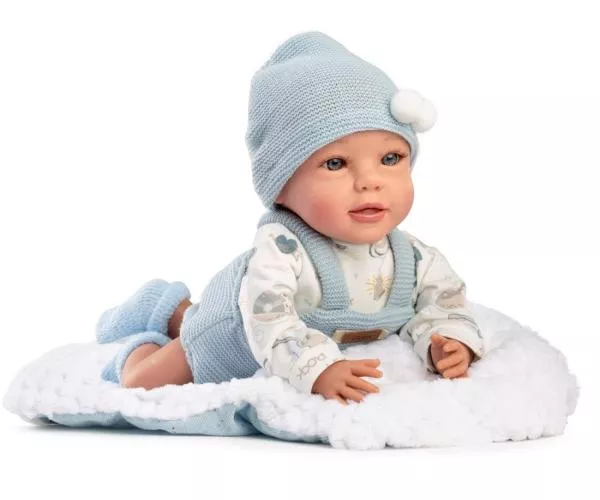 Papusa bebelus, Jairo, 38 cm, corp moale textil, cu salopeta si paturica 1