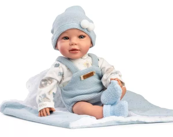 Papusa bebelus, Jairo, 38 cm, corp moale textil, cu salopeta si paturica 2