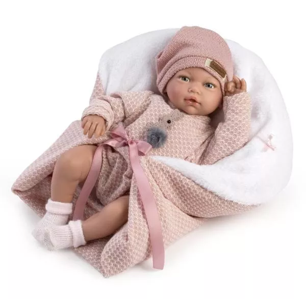 Papusa clasica, Blanca, cu sunete, 38 cm, corp moale cu greutate, cu hainute si patura roz de lana incluse 1