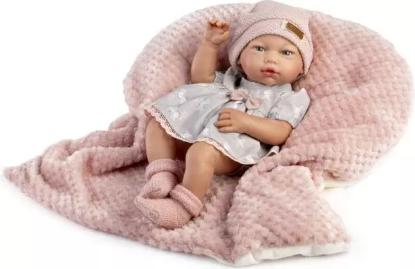 Papusa clasica, Blanca, cu sunete, 38 cm, corp moale cu greutate, cu hainute si patura roz de lana incluse 2