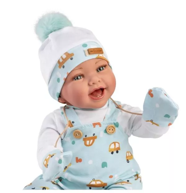 Papusa clasica, Dani, 42 cm, corp textil si membre din vinil, cu salopeta albastra si accesorii 3