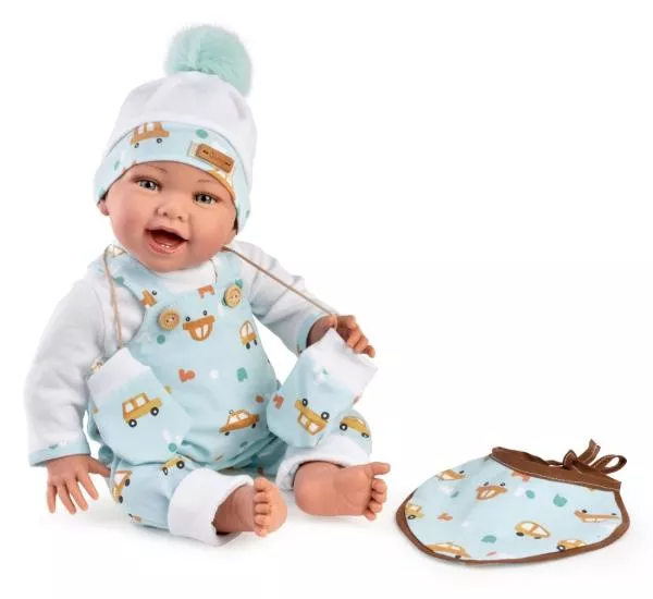 Papusa clasica, Dani, 42 cm, corp textil si membre din vinil, cu salopeta albastra si accesorii 2