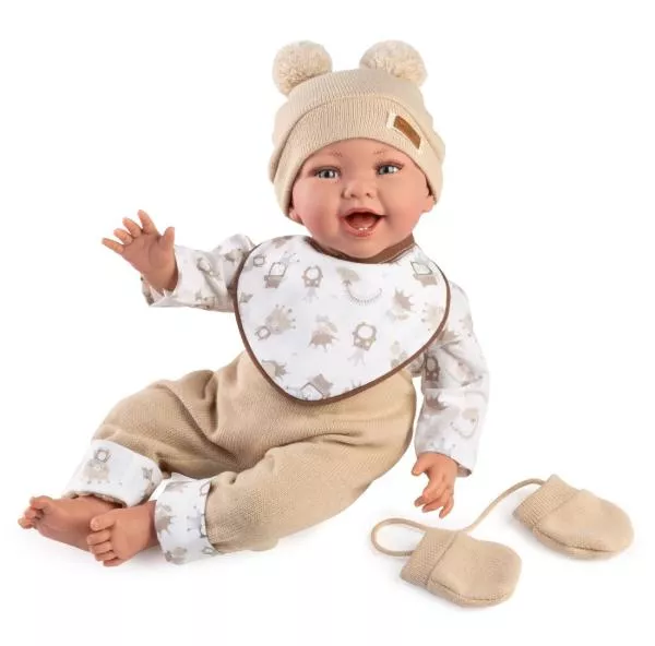 Papusa clasica, Oliver, 42 cm, corp textil si membre din vinil, cu salopeta bej si accesorii 1