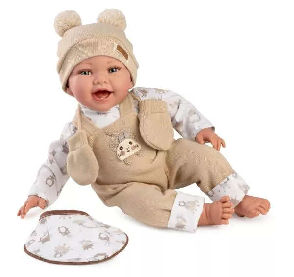 Papusa clasica, Oliver, 42 cm, corp textil si membre din vinil, cu salopeta bej si accesorii 2