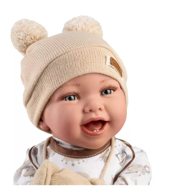 Papusa clasica, Oliver, 42 cm, corp textil si membre din vinil, cu salopeta bej si accesorii 3