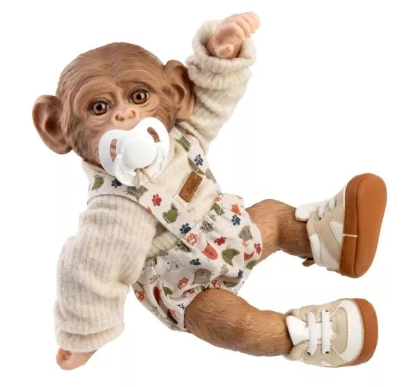 Papusa reborn maimuta bebelus, 32 cm, corp din vinil, design expresiv si pietenos, complet articulat, cu incaltari sport, pantaloni scurti cu bretele si pulover bej, suzeta cu lant incluse, 3 ani+ 1