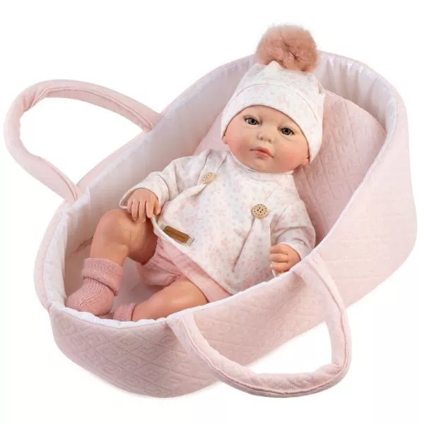 Papusa reborn prematura Silvia, 38 cm, in cosulet roz, pictata manual, corp textil si membre din vinil, cu accesorii incluse 1