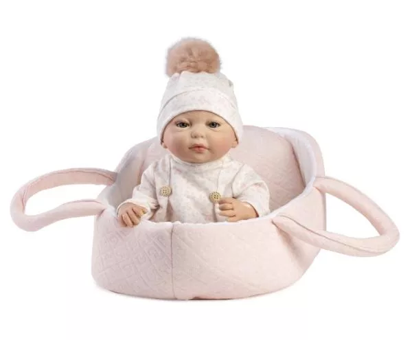 Papusa reborn prematura Silvia, 38 cm, in cosulet roz, pictata manual, corp textil si membre din vinil, cu accesorii incluse 2
