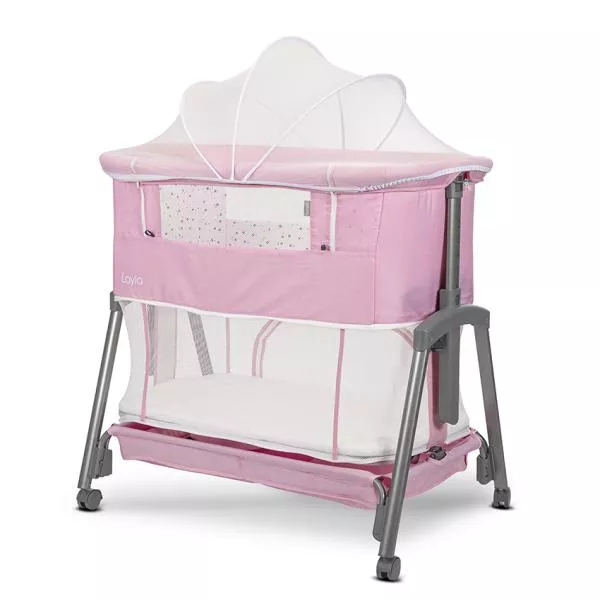 Patut Co Sleeper copii, Layla 2 in 1, cu latura pliabila, reglabil pe inaltime, sistem anti-reflux, Pink 5