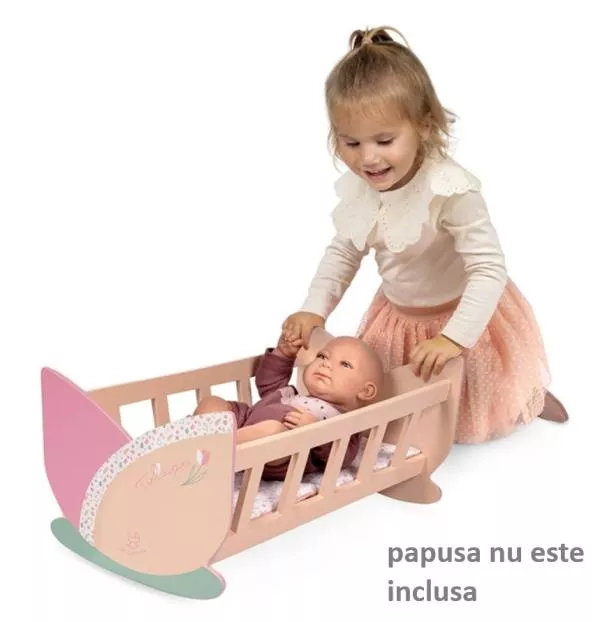 Patut leagan pentru papusi, din lemn, cu saltea reversibila inclusa, colectia Tulipe, Roz 2