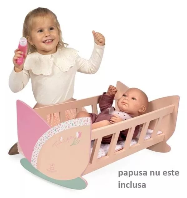 Patut leagan pentru papusi, din lemn, cu saltea reversibila inclusa, colectia Tulipe, Roz 3