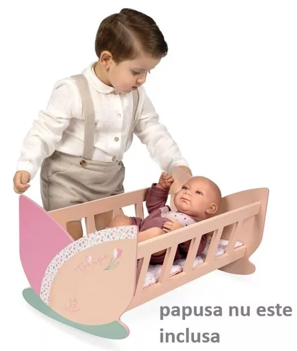 Patut leagan pentru papusi, din lemn, cu saltea reversibila inclusa, colectia Tulipe, Roz 4
