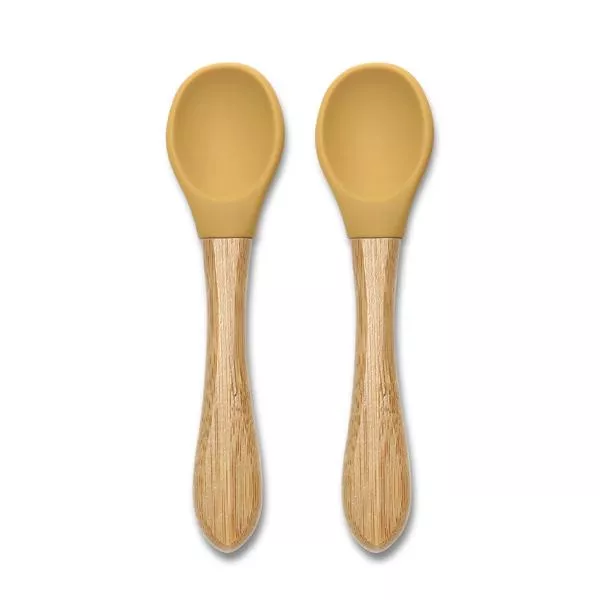 Set 2 lingurite din silicon si bambus, forma ergonomica, 6 luni+, Yellow 1