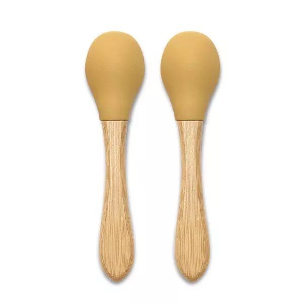 Set 2 lingurite din silicon si bambus, forma ergonomica, 6 luni+, Yellow 2