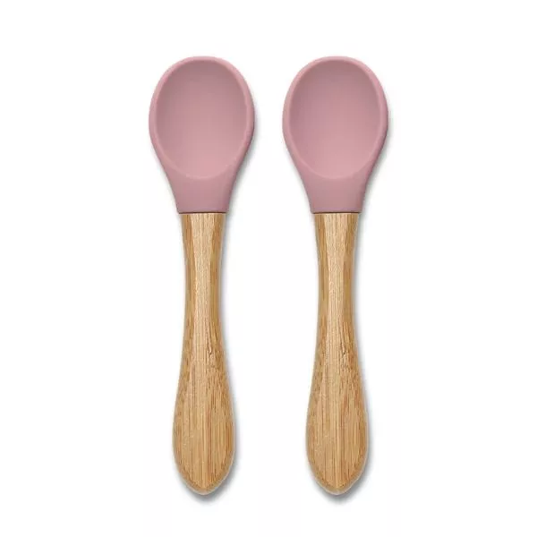 Set 2 lingurite din silicon si bambus, forma ergonomica, 6 luni+, Pink 1