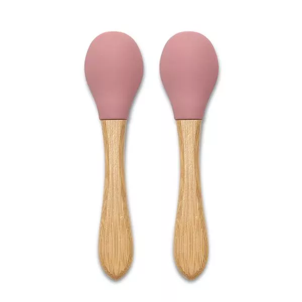Set 2 lingurite din silicon si bambus, forma ergonomica, 6 luni+, Pink 2