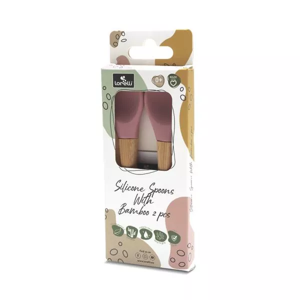 Set 2 lingurite din silicon si bambus, forma ergonomica, 6 luni+, Pink 3