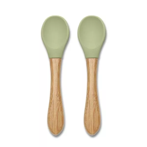 Set 2 lingurite din silicon si bambus, forma ergonomica, 6 luni+, Fresh Green 1