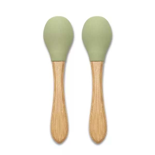Set 2 lingurite din silicon si bambus, forma ergonomica, 6 luni+, Fresh Green 2