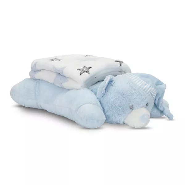Set 2 piese, paturica moale 90 x 75 cm, pernuta in forma de ursulet 45 x 30 cm, Poffy, 0 luni+, Blue 1