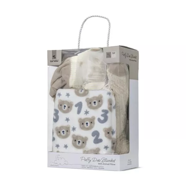 Set 2 piese, paturica moale 90 x 75 cm, pernuta in forma de ursulet 45 x 30 cm, Poffy, 0 luni+, Beige 5
