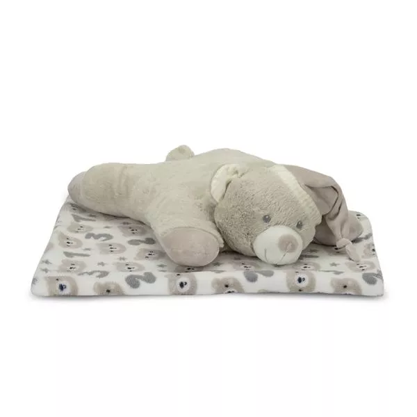 Set 2 piese, paturica moale 90 x 75 cm, pernuta in forma de ursulet 45 x 30 cm, Poffy, 0 luni+, Beige 2
