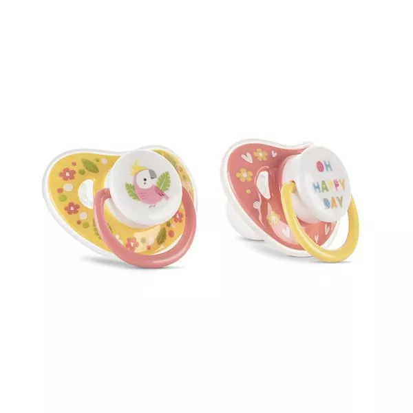 Set 2 suzete cu capac, silicon moale, tetina rotunda, 6 luni+, Yellow Pink 1
