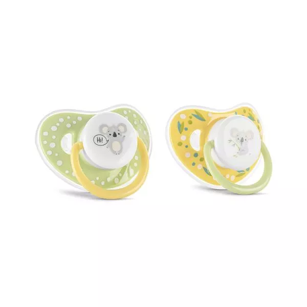 Set 2 suzete cu capac, silicon moale, tetina rotunda, 6 luni+, Yellow Green 1