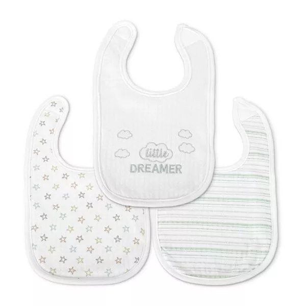 Set 3 bavete bumbac pentru nou-nascut, inchidere cu velcro, potrivit pentru hranire si in perioada eruptiei dentare, 0 luni+, White 1