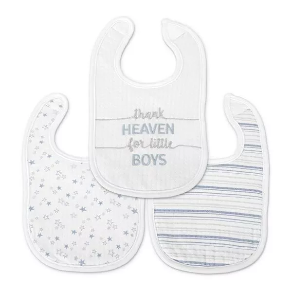 Set 3 bavete bumbac pentru nou-nascut, inchidere cu velcro, potrivit pentru hranire si in perioada eruptiei dentare, 0 luni+, Blue 1
