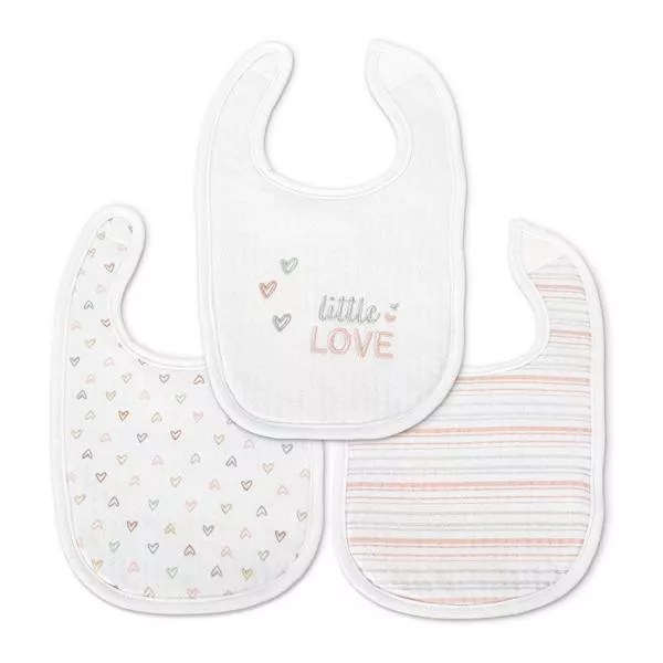 Set 3 bavete bumbac pentru nou-nascut, inchidere cu velcro, potrivit pentru hranire si in perioada eruptiei dentare, 0 luni+, Pink 1