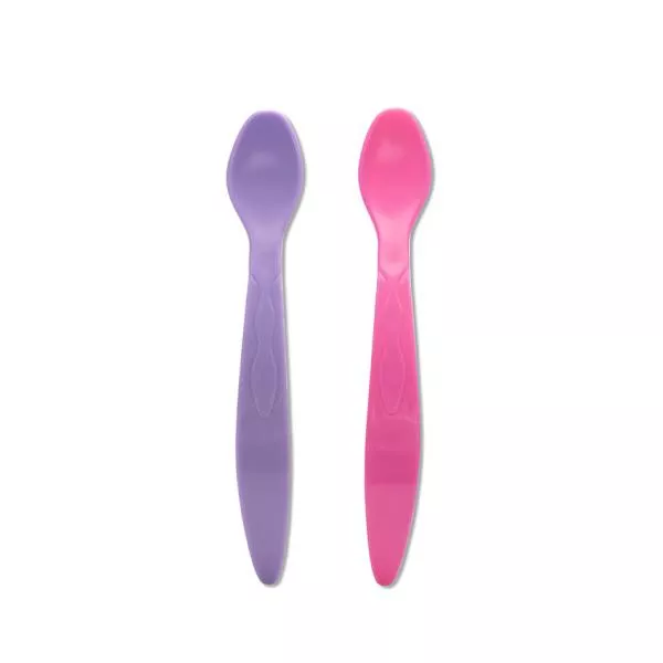 Set de 2 lingurite flexibile, cu maner lung, margine rotunjita, roz si mov 1