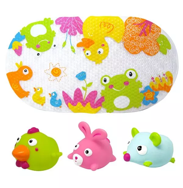 Set de baie 4 piese, Knorr Toys, include covoras de baie din PVC 69x39 cm si 3 jucarii animalute, 0 Luni+ 1