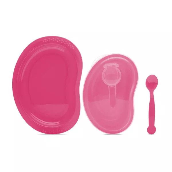 Set de hranire 3 piese, contine farfurie, castron cu capac, lingurita, 6 luni+, Pink 2