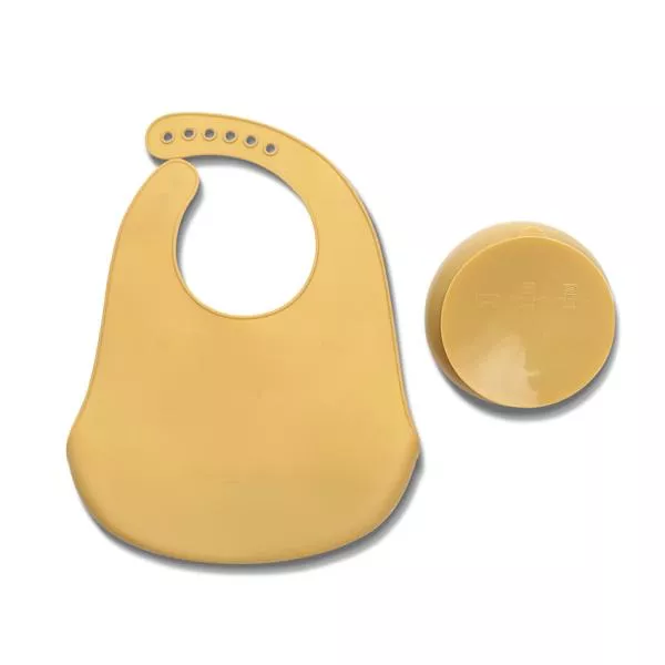 Set de hranire din silicon natural, contine bol cu vacuum si baveta, 6 luni+, Yellow 2