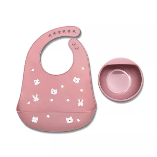 Set de hranire din silicon natural, contine bol cu vacuum si baveta, 6 luni+, Pink 1