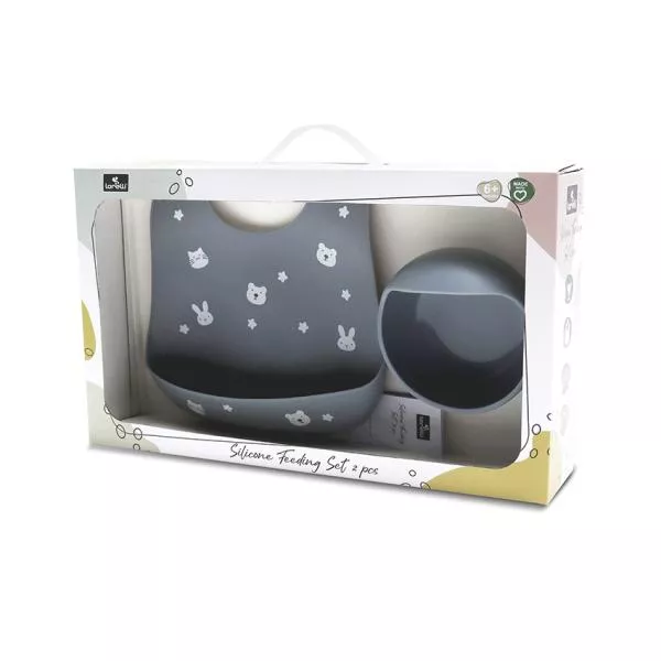 Set de hranire din silicon natural, contine bol cu vacuum si baveta, 6 luni+, Grey 3