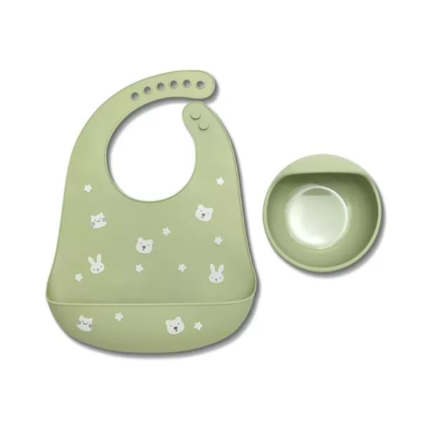 Set de hranire din silicon natural, contine bol cu vacuum si baveta, 6 luni+, Fresh Green 1