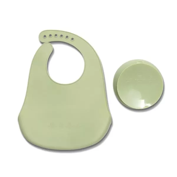 Set de hranire din silicon natural, contine bol cu vacuum si baveta, 6 luni+, Fresh Green 2