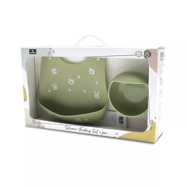 Set de hranire din silicon natural, contine bol cu vacuum si baveta, 6 luni+, Fresh Green 3