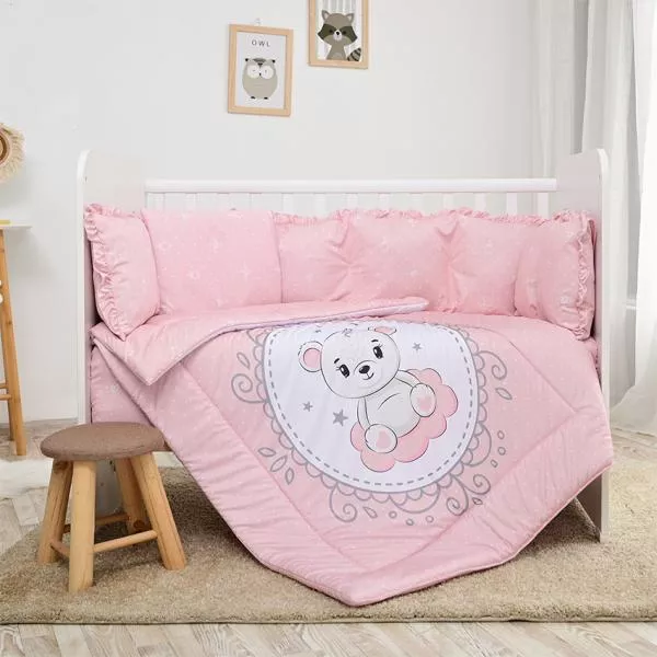 Set lenjerie 7 piese, Lorelli, Lily, bumbac ranforce, pentru paturi 60 x120 cm, Little Bear Pink 1