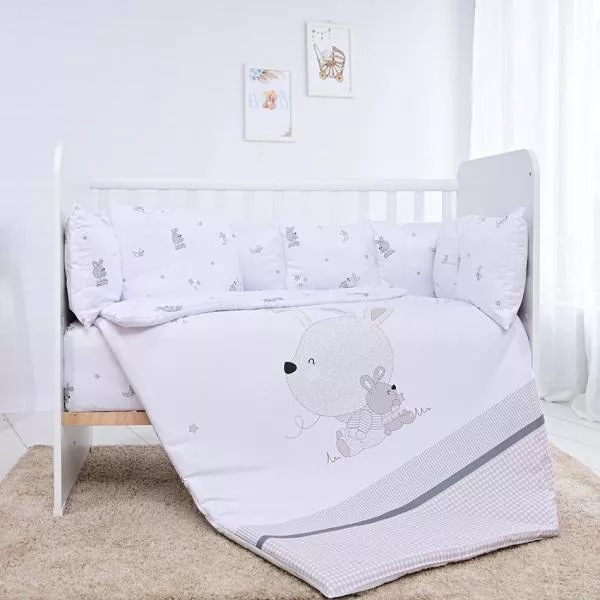 Set lenjerie 7 piese, Lorelli, Lily, bumbac ranforce, pentru paturi 60 x120 cm, Little Rabbits Grey 1